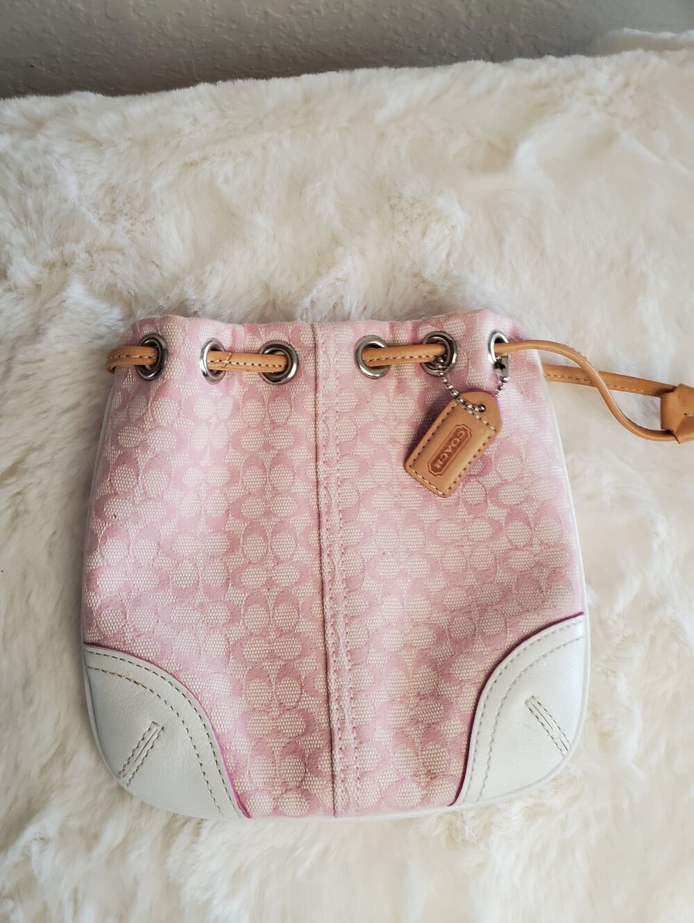 Coach Pink Signature Canvas Drawstring Bucket Pouch with White Trim